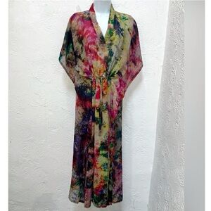 Silk Bright Multi-Color Tie Dye Drawstring Sequin Embroidery Dress. Size M/L EUC